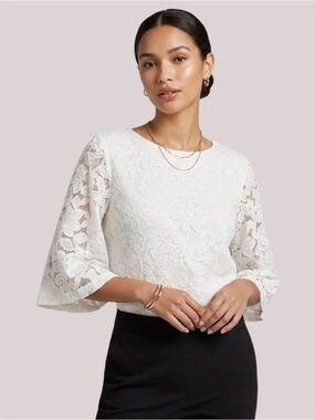 Banana Republic White Floral Lace Top Bell Sleeve Crew Neck Blouse Keyhole Sz S